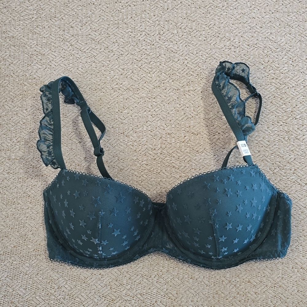 Victoria's Secret PINK Dark Green Star Pattern Ruffled Bra - Size 32D